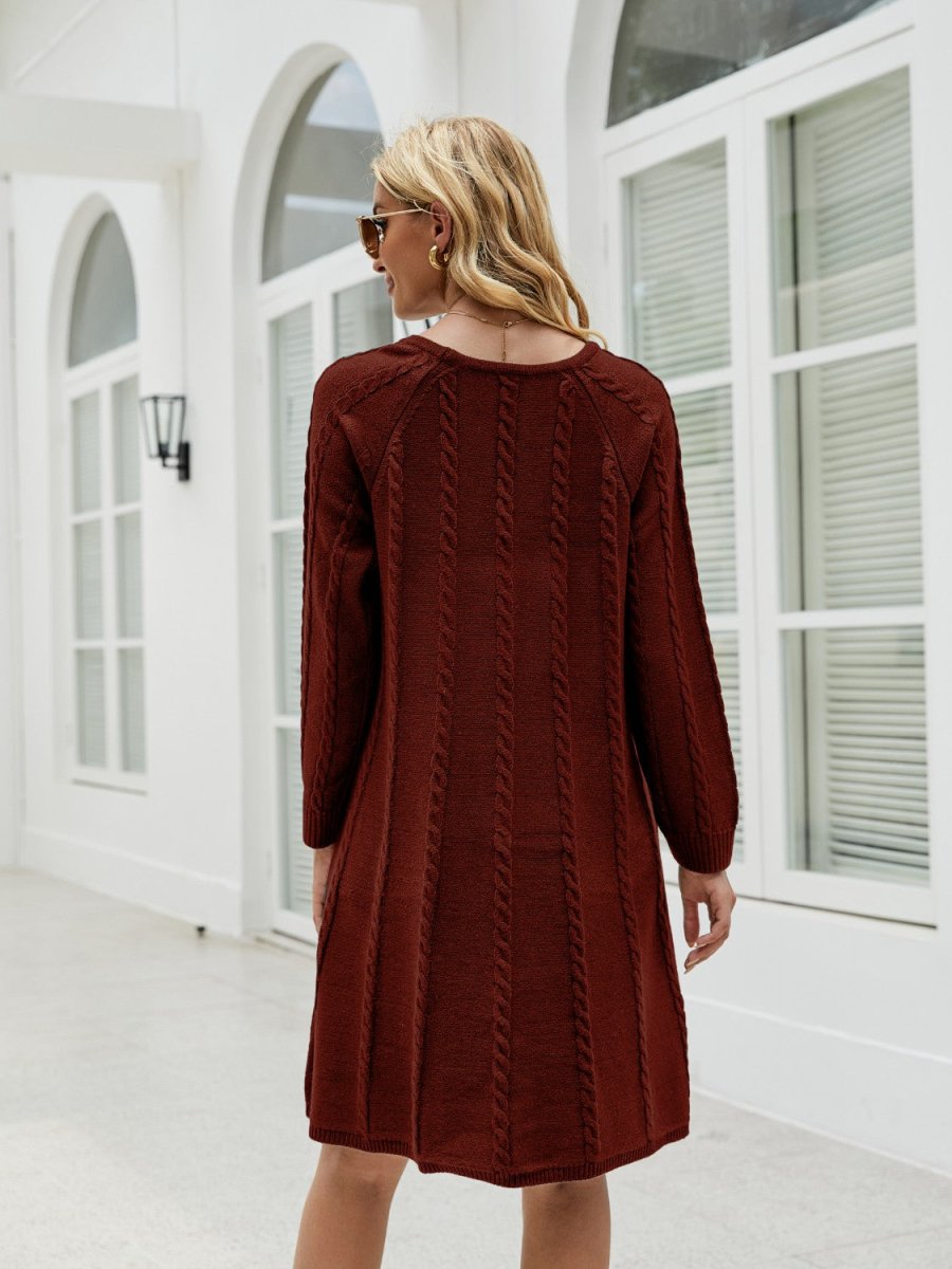 Cable - Knit Long Sleeve Sweater Dress - Sweater Dress