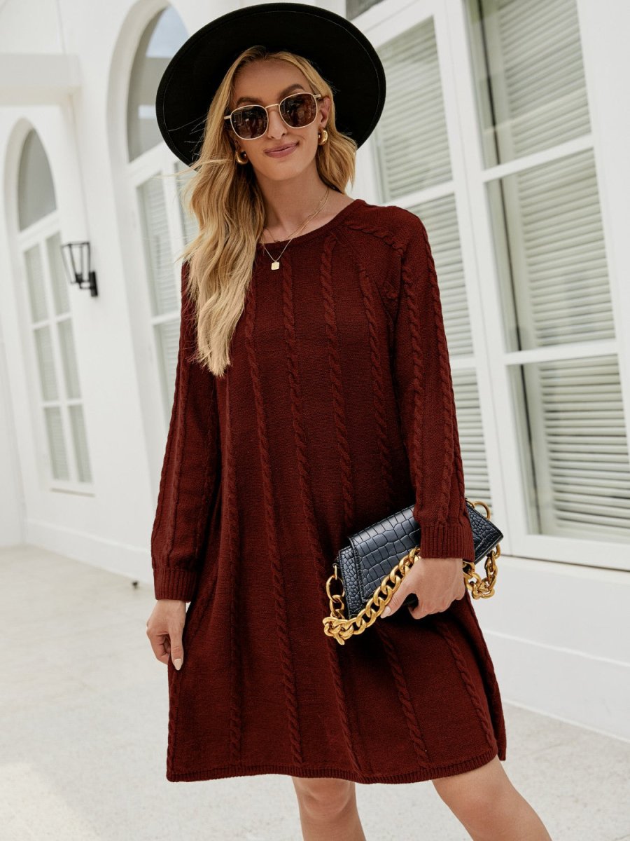 Cable - Knit Long Sleeve Sweater Dress - Sweater Dress