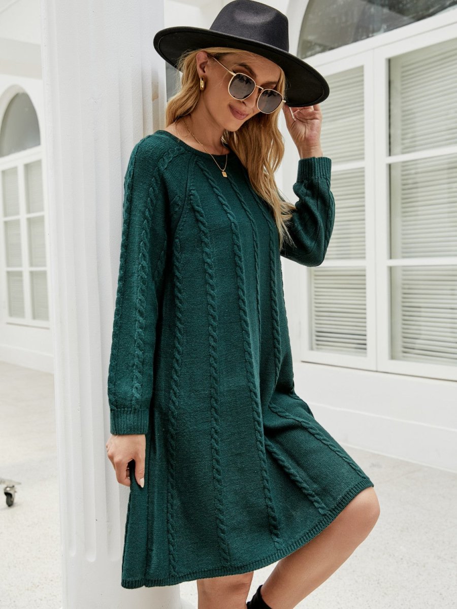 Cable - Knit Long Sleeve Sweater Dress - Sweater Dress