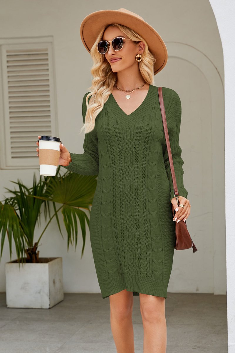 Cable - Knit Long Sleeve Sweater Dress - Sweater Dress