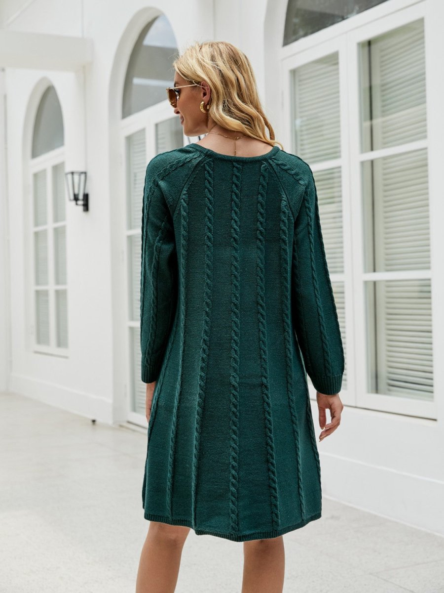 Cable - Knit Long Sleeve Sweater Dress - Sweater Dress
