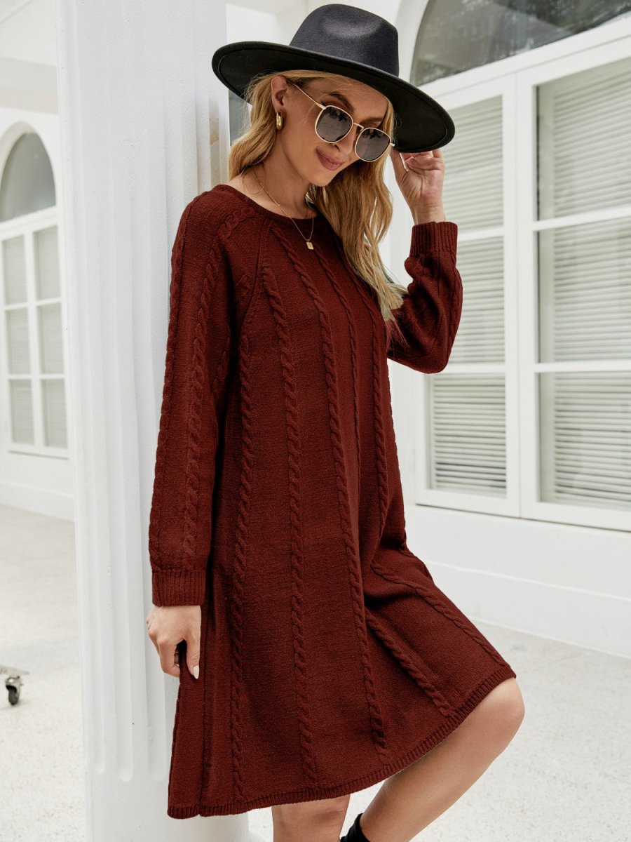 Cable - Knit Long Sleeve Sweater Dress - Sweater Dress