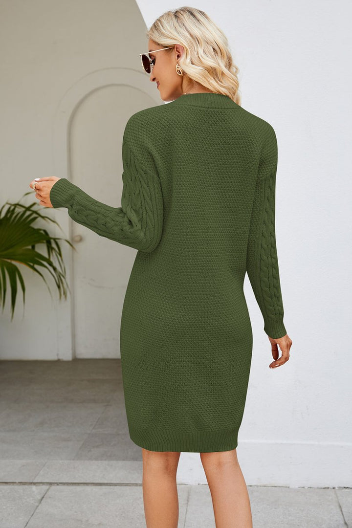 Cable - Knit Long Sleeve Sweater Dress - Sweater Dress