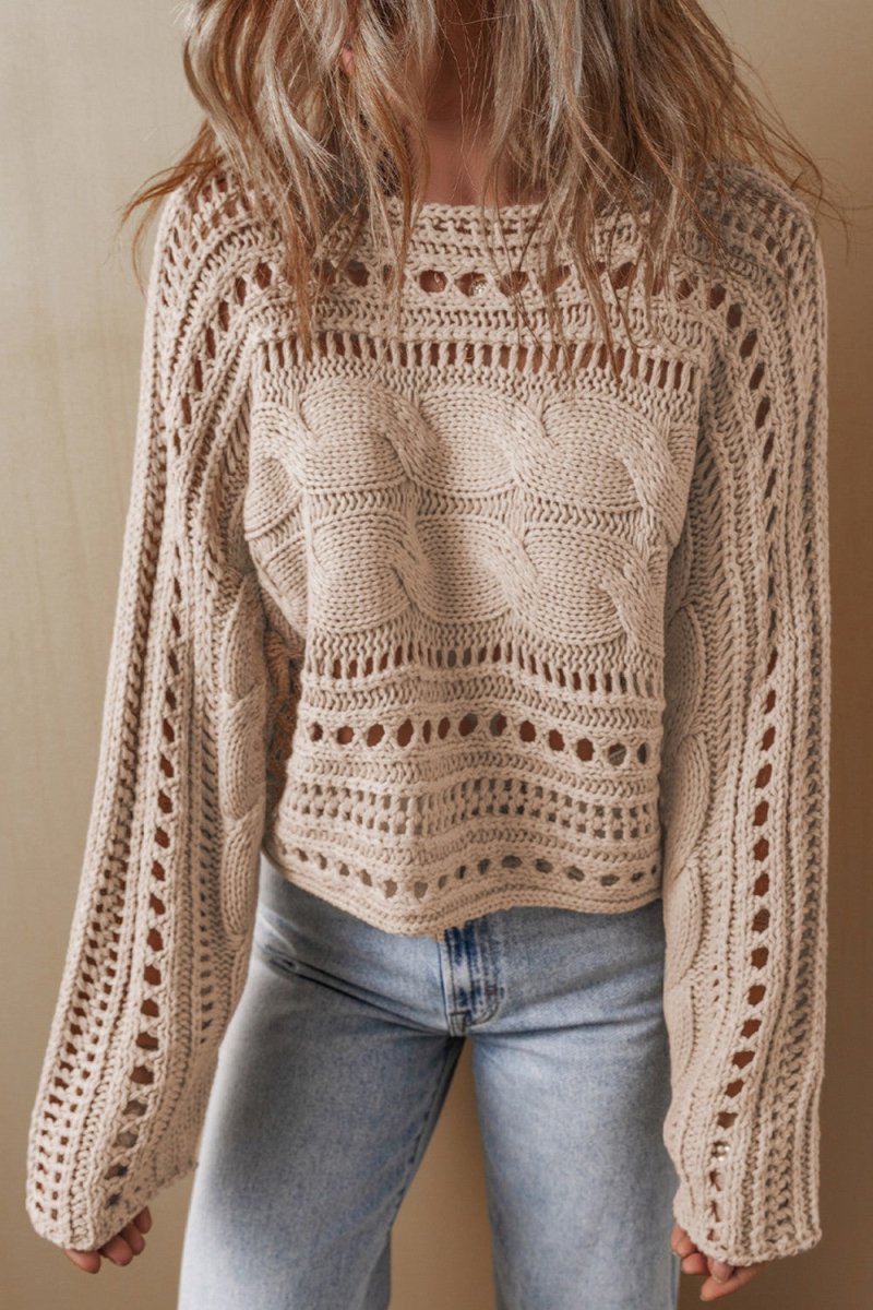 Cable - Knit Openwork Long Sleeve Sweater - Outerwear