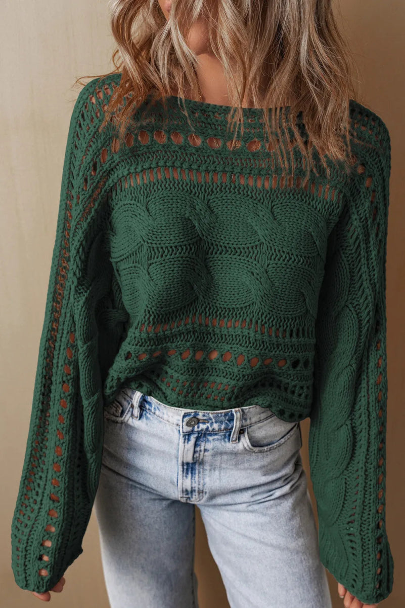 Cable - Knit Openwork Long Sleeve Sweater - Outerwear