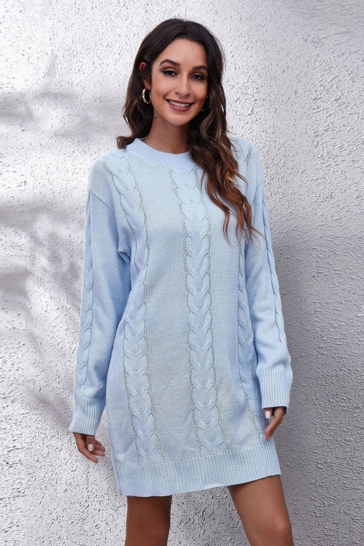 Cable - Knit Round Neck Sweater Dress - Sweater Dress