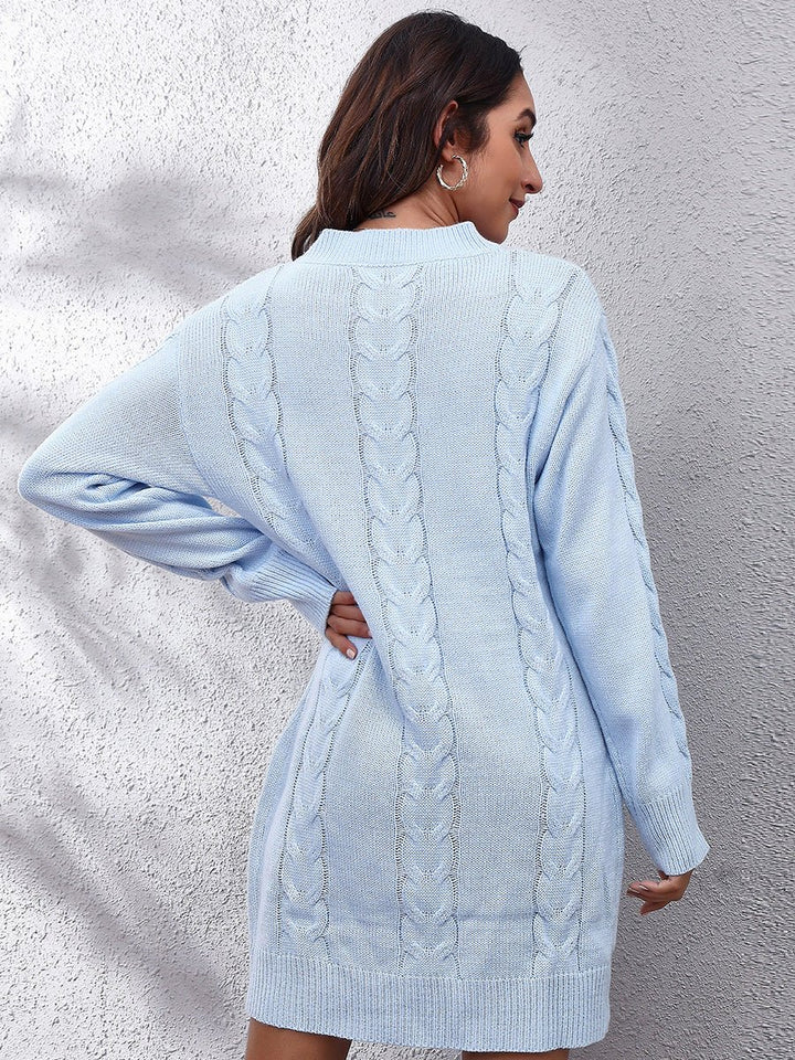 Cable - Knit Round Neck Sweater Dress - Sweater Dress