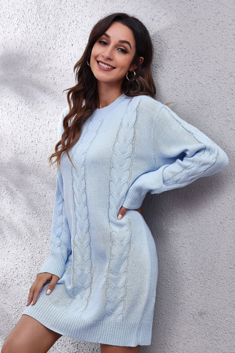 Cable - Knit Round Neck Sweater Dress - Sweater Dress