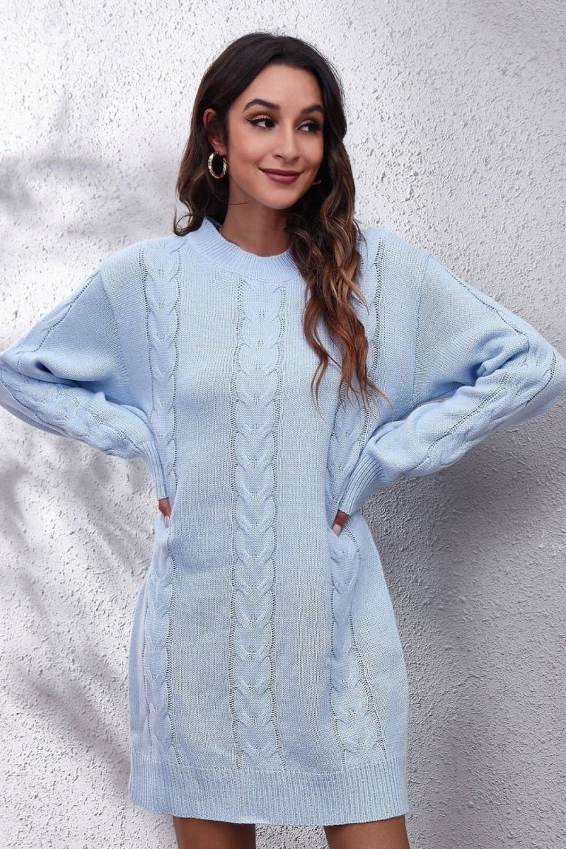 Cable - Knit Round Neck Sweater Dress - Sweater Dress