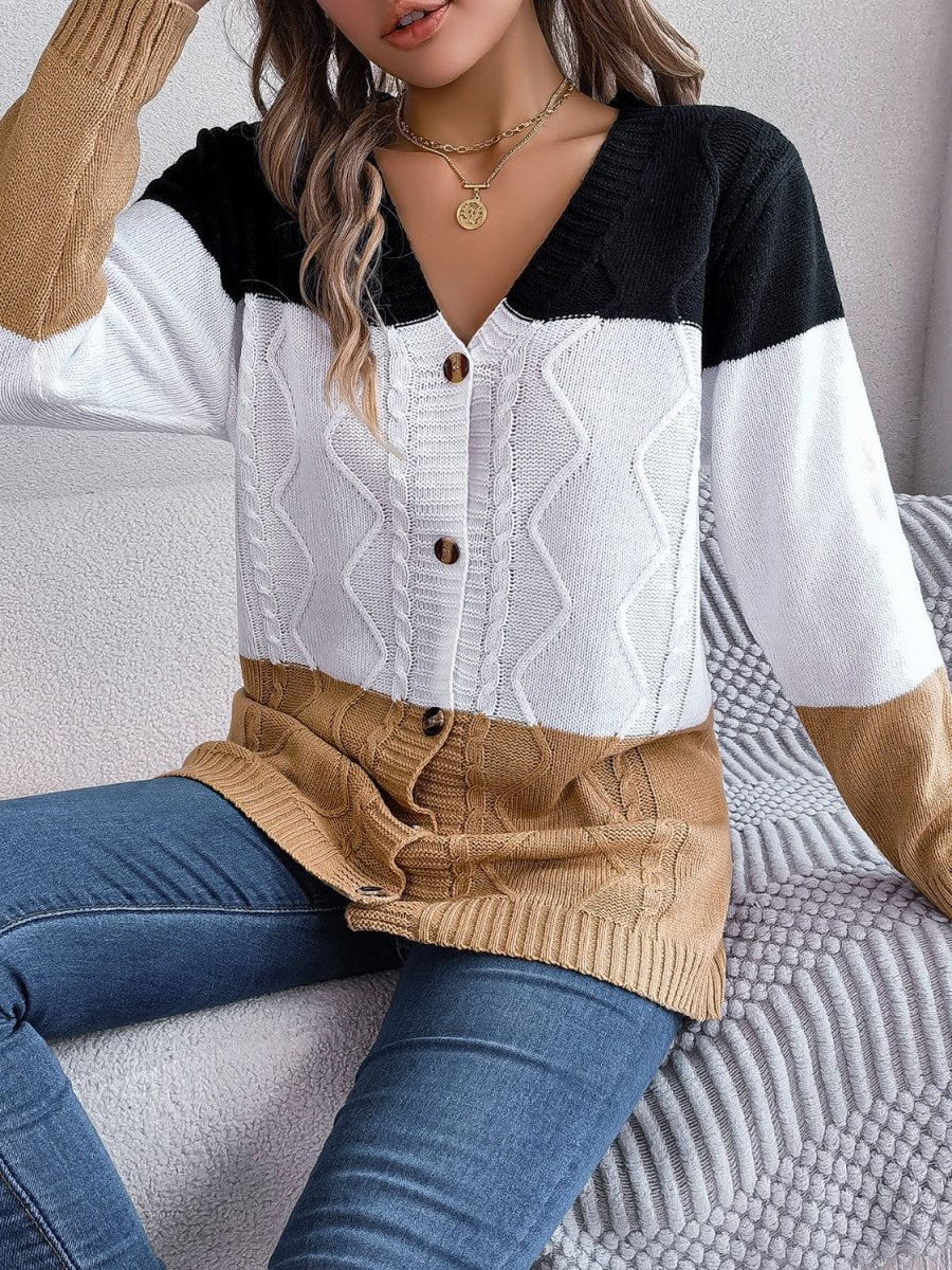 Cable - Knit Striped Button Up Cardigan - Outerwear