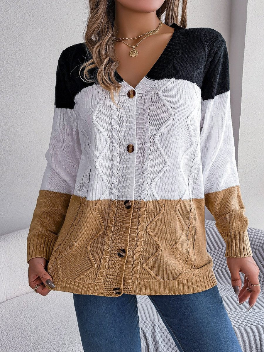 Cable - Knit Striped Button Up Cardigan - Outerwear