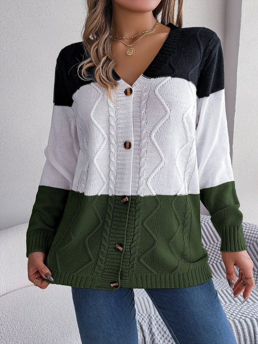 Cable - Knit Striped Button Up Cardigan - Outerwear