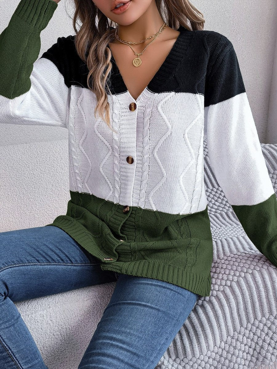 Cable - Knit Striped Button Up Cardigan - Outerwear