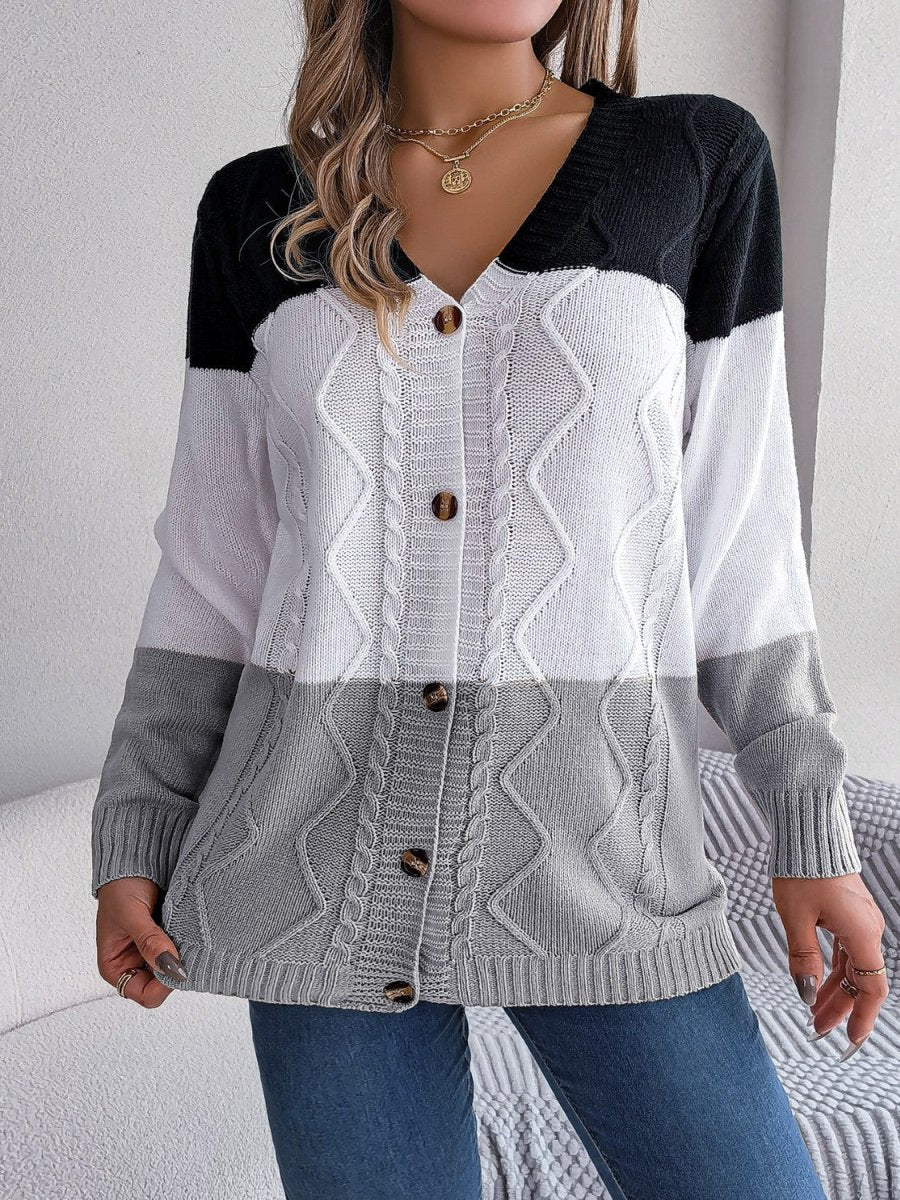 Cable - Knit Striped Button Up Cardigan - Outerwear