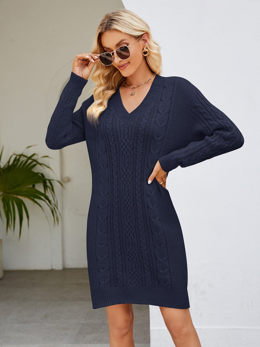 Cable - Knit V - Neck Mini Sweater Dress - Sweater Dress