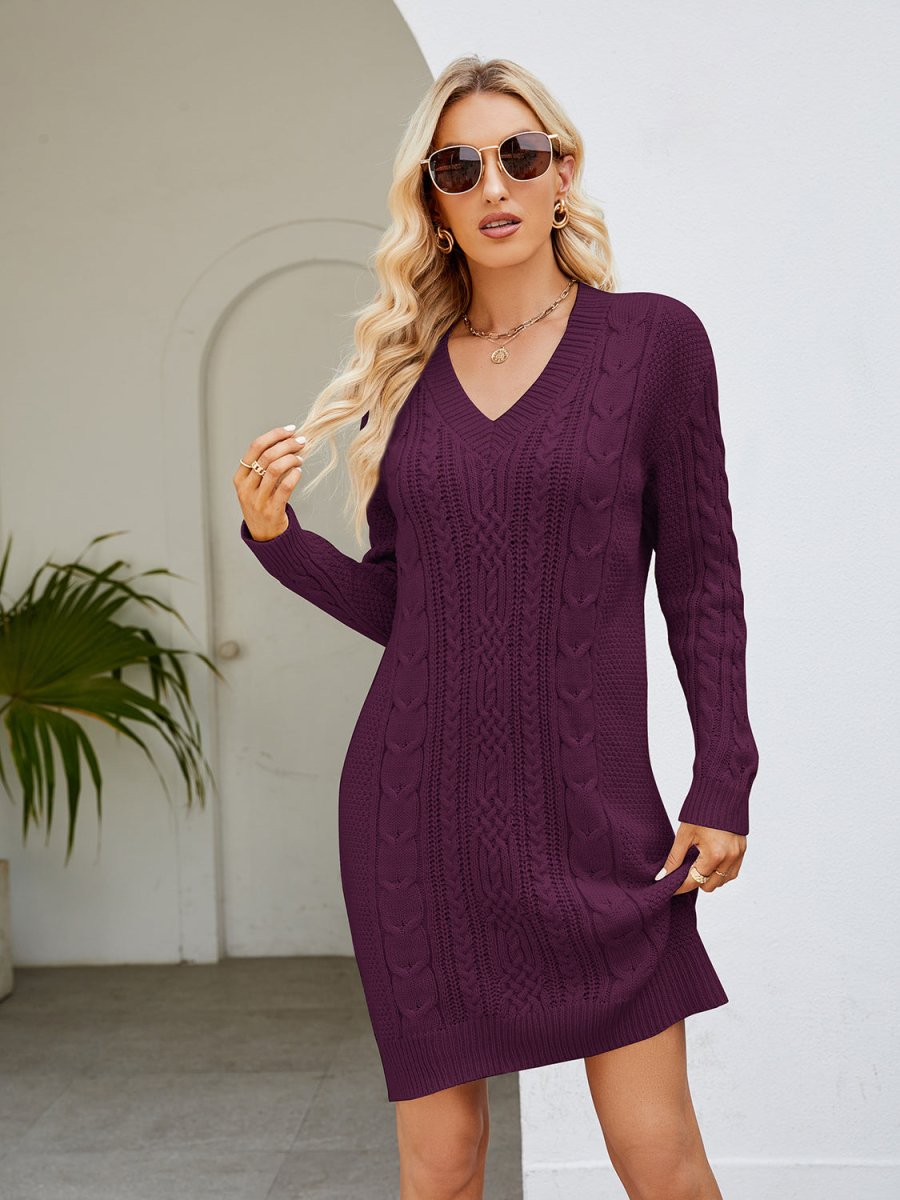 Cable - Knit V - Neck Mini Sweater Dress - Sweater Dress