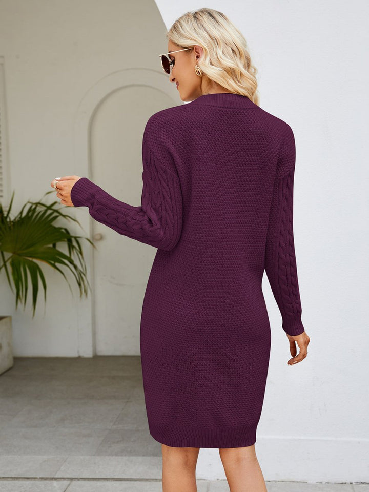 Cable - Knit V - Neck Mini Sweater Dress - Sweater Dress
