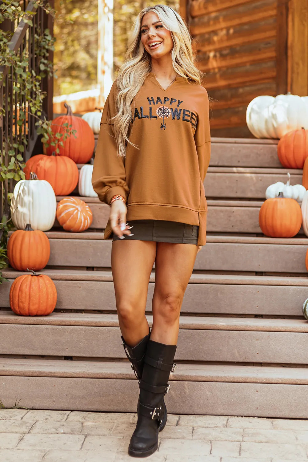 Sequin Letter Graphic Notched Long Sleeve Sweatshirt