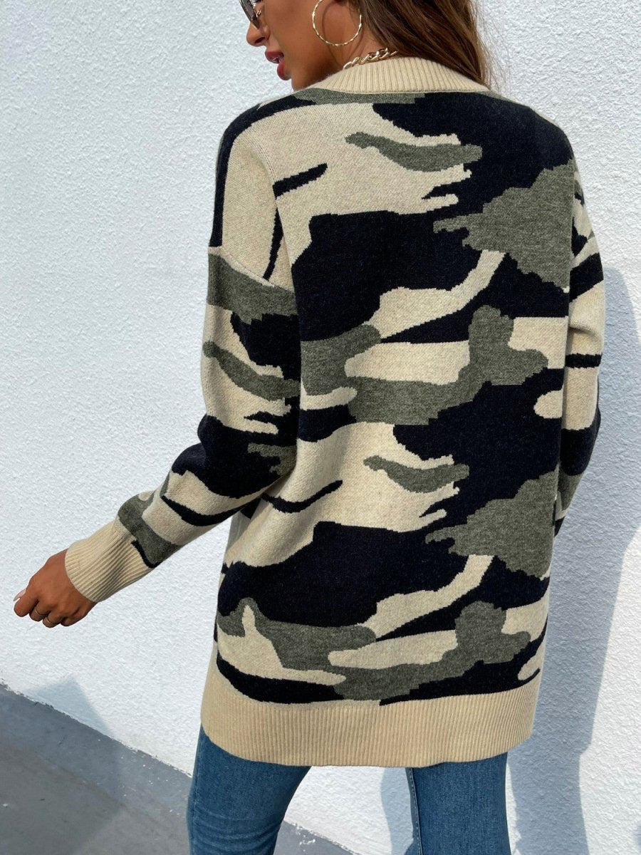 Camouflaged Dropped Shoulder Open Front Cardigan - Outerwear