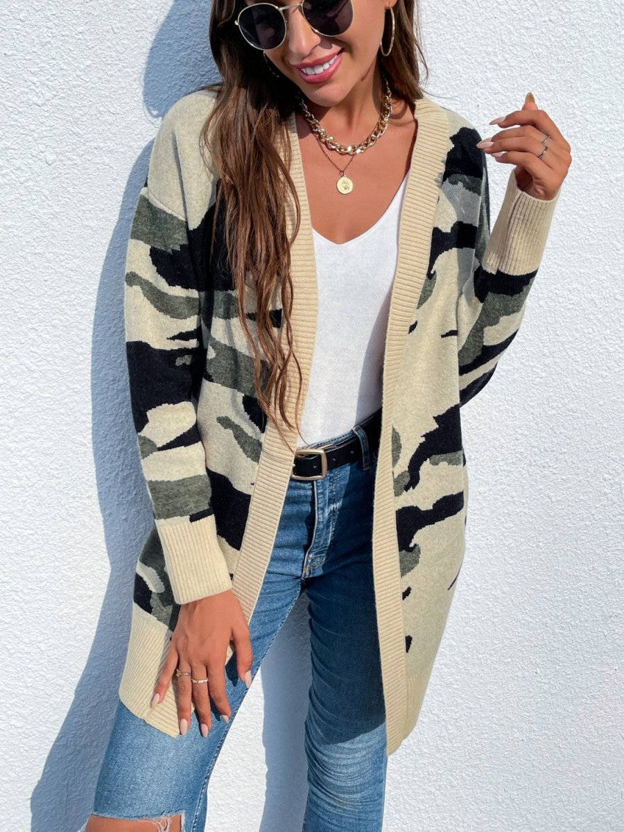Camouflaged Dropped Shoulder Open Front Cardigan - Outerwear