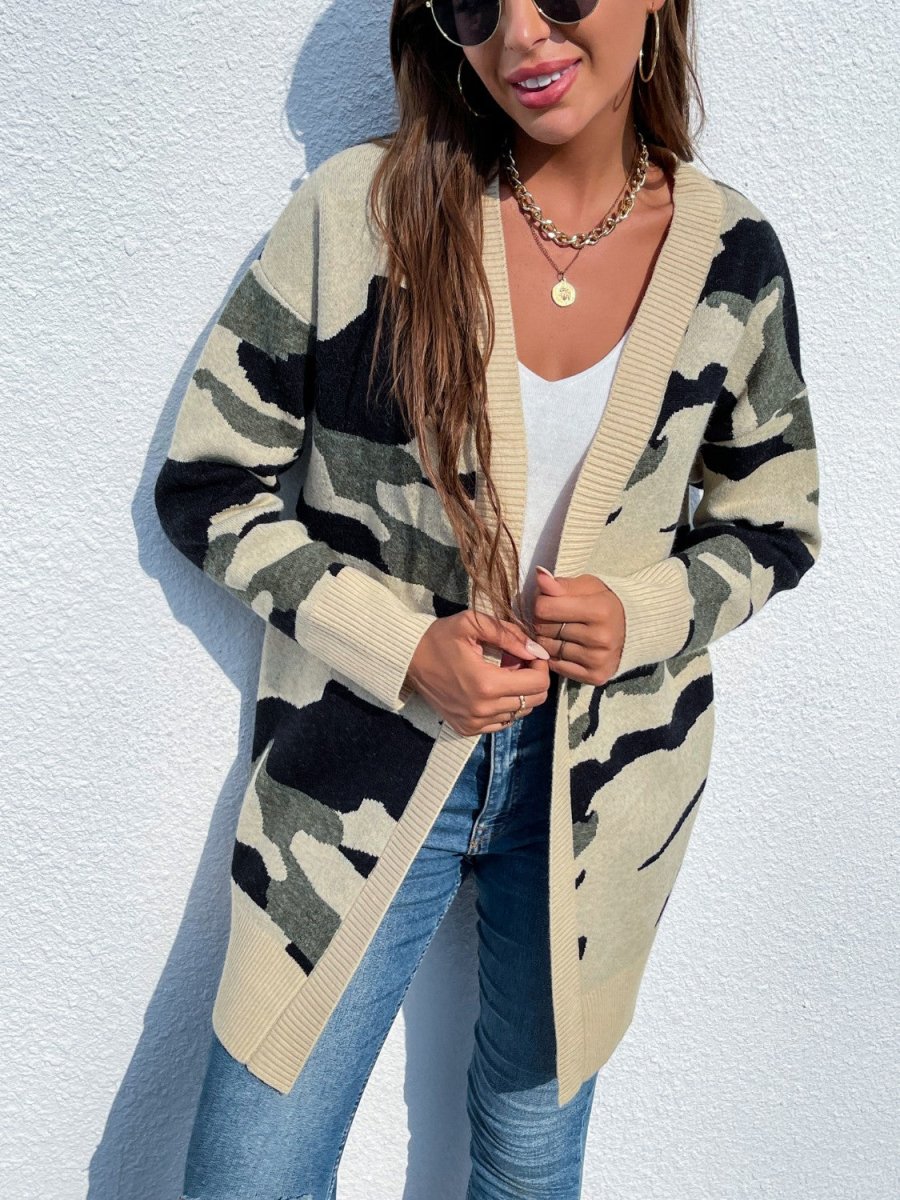 Camouflaged Dropped Shoulder Open Front Cardigan - Outerwear