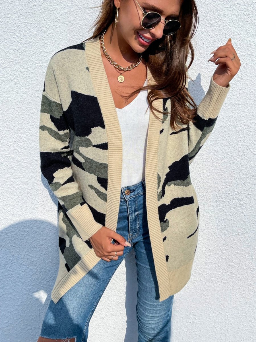 Camouflaged Dropped Shoulder Open Front Cardigan - Outerwear