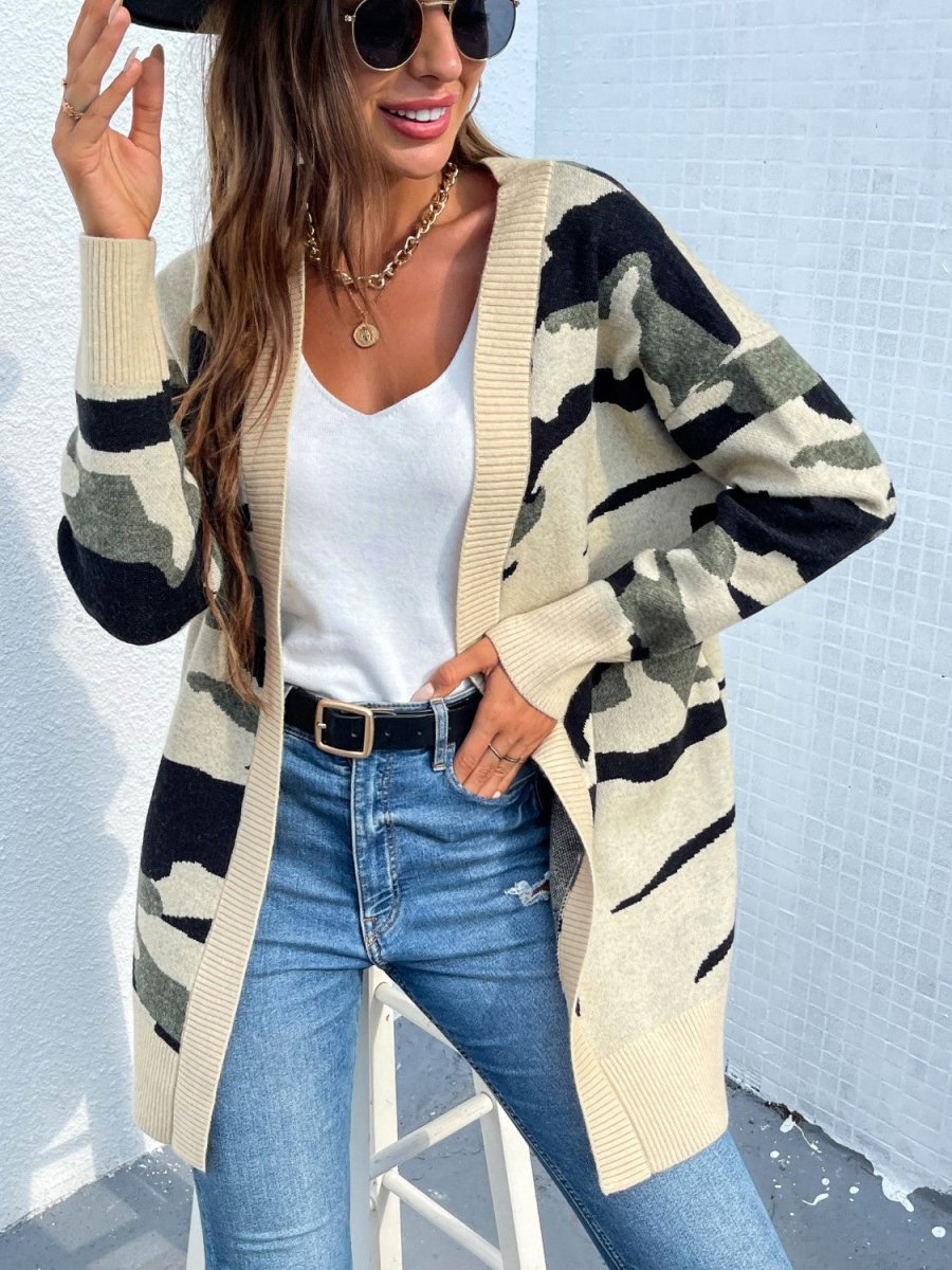 Camouflaged Dropped Shoulder Open Front Cardigan - Outerwear