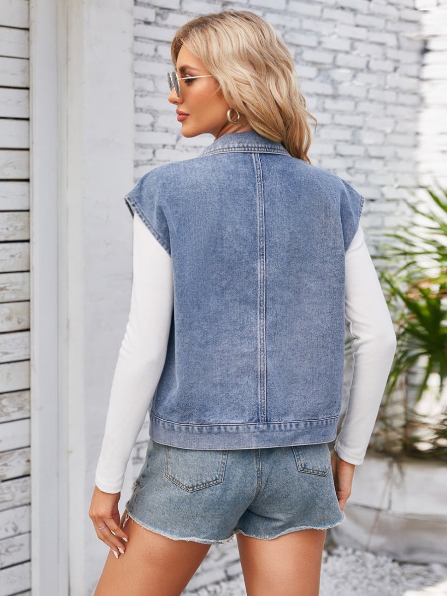Cap Sleeve Denim Jacket with Pockets - Outerwear