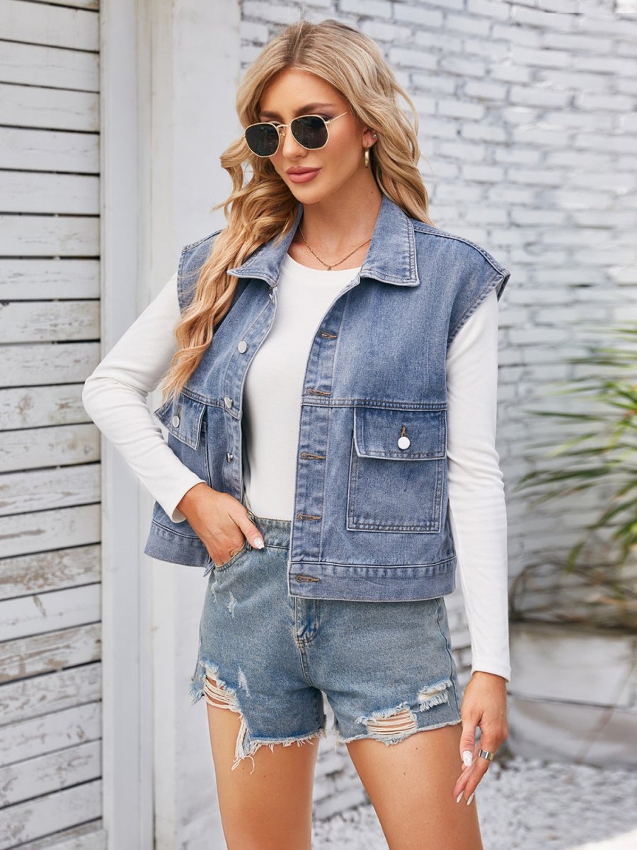 Cap Sleeve Denim Jacket with Pockets - Outerwear