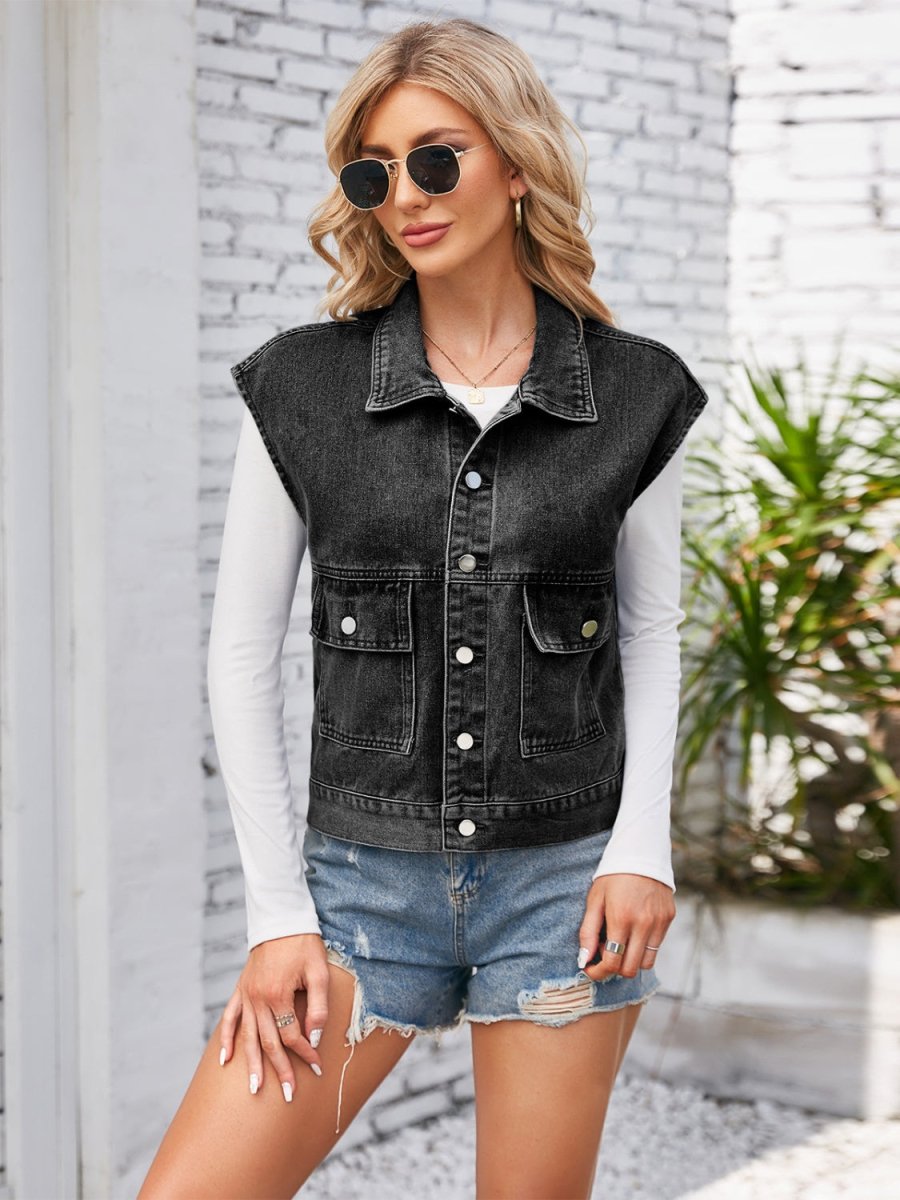Cap Sleeve Denim Jacket with Pockets - Outerwear