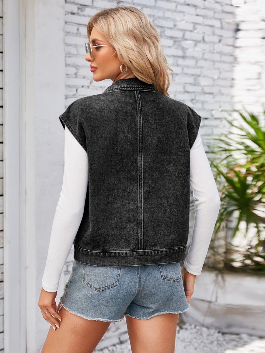 Cap Sleeve Denim Jacket with Pockets - Outerwear