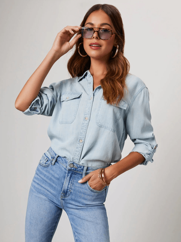 Casual lapel single - breasted long - sleeved denim shirt - 