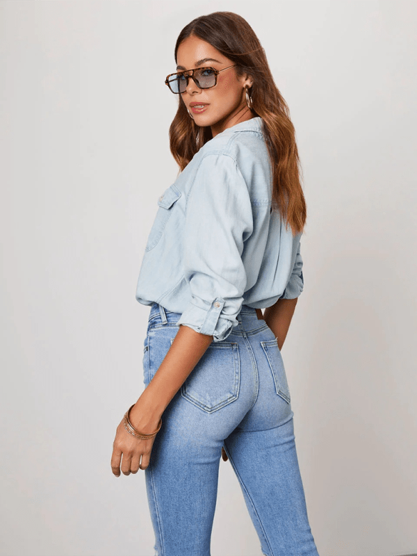 Casual lapel single - breasted long - sleeved denim shirt - 