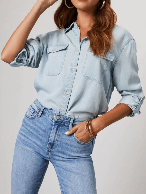 Casual lapel single - breasted long - sleeved denim shirt - 