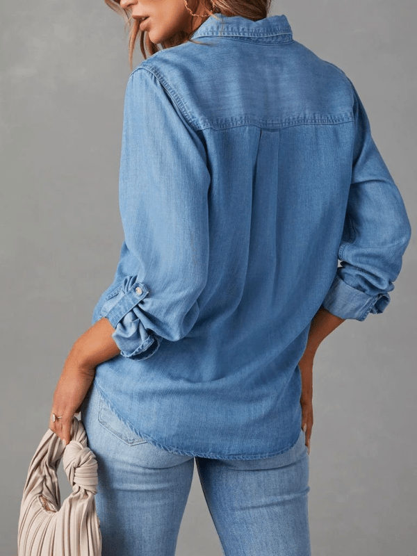 Casual lapel single - breasted long - sleeved denim shirt - 