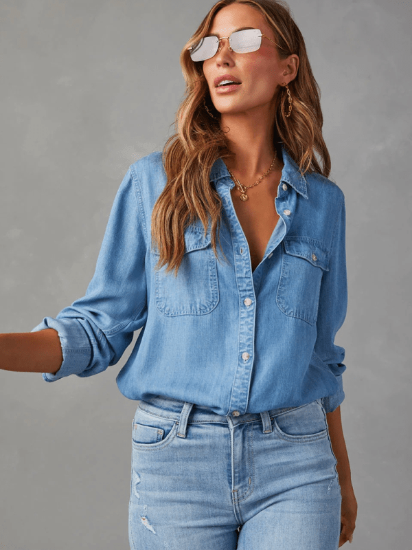 Casual lapel single - breasted long - sleeved denim shirt - 