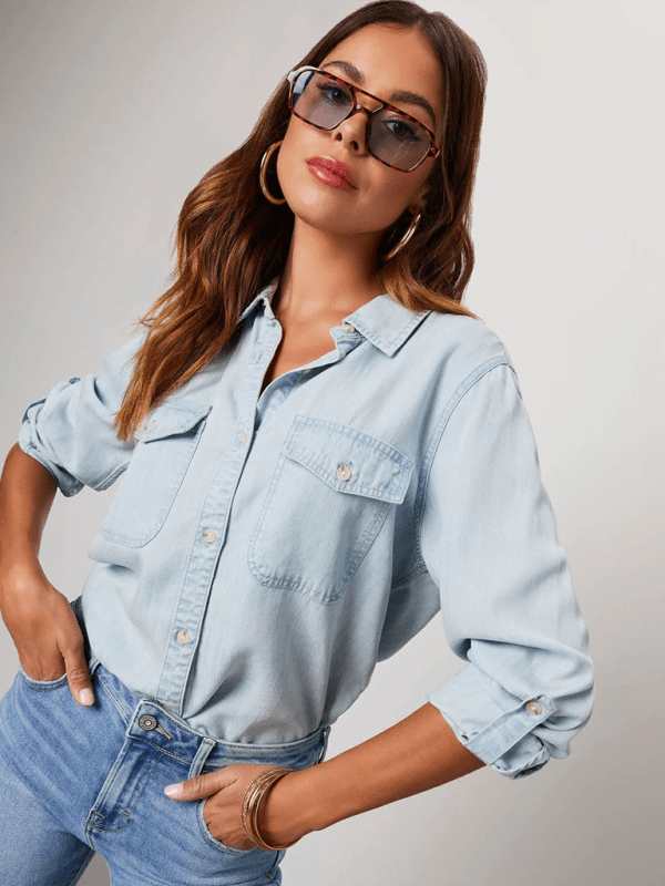 Casual lapel single - breasted long - sleeved denim shirt - 