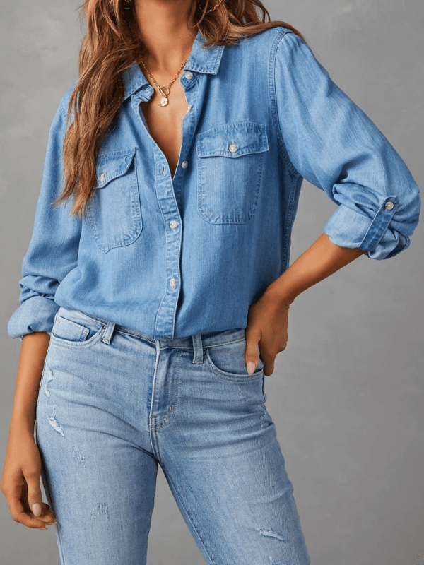 Casual lapel single - breasted long - sleeved denim shirt - 