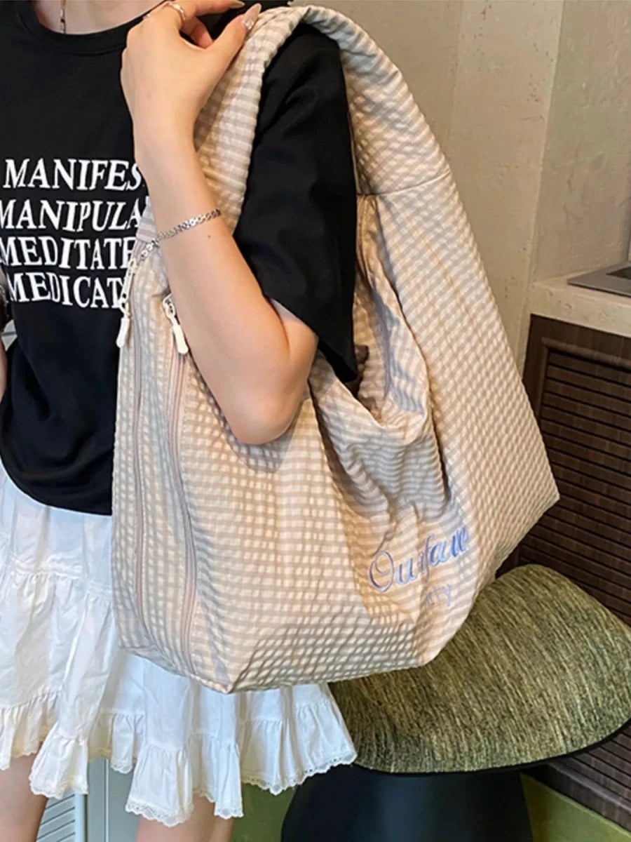 Casual Plaid Polyester Handbag - 