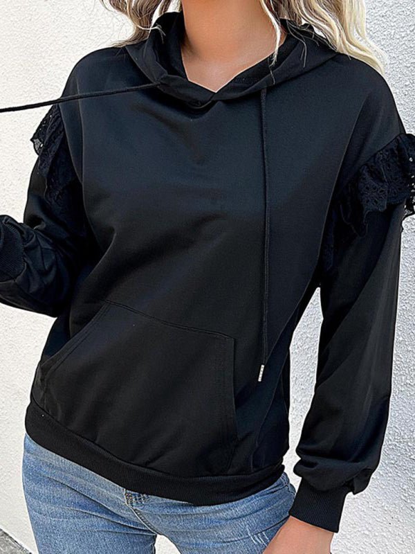 Casual Solid Polyester Lace Detail Hoodie - Outerwear