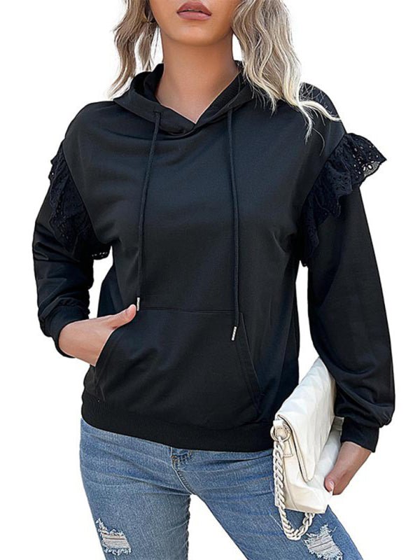 Casual Solid Polyester Lace Detail Hoodie - Outerwear