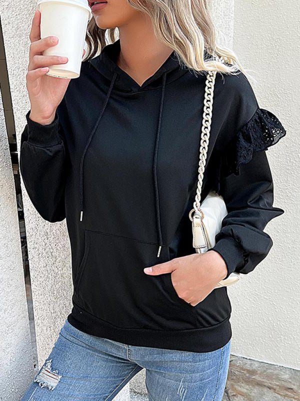 Casual Solid Polyester Lace Detail Hoodie - Outerwear