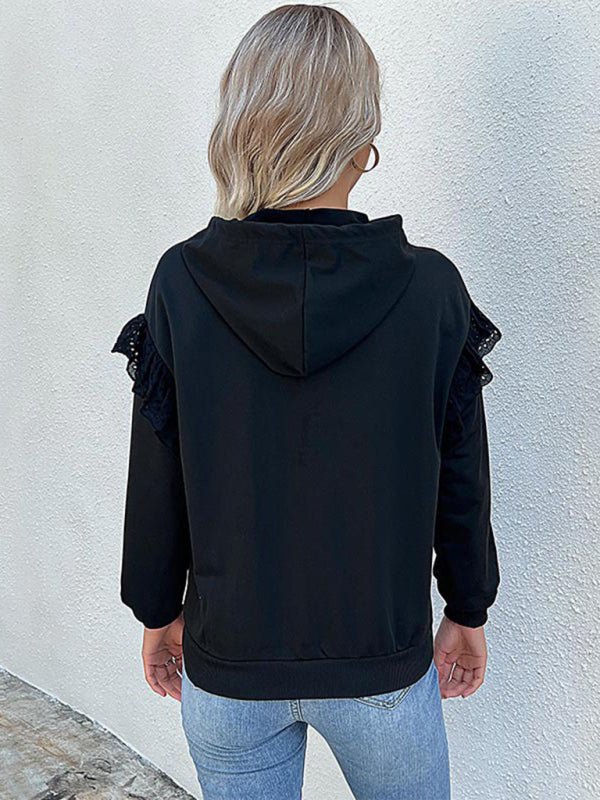 Casual Solid Polyester Lace Detail Hoodie - Outerwear