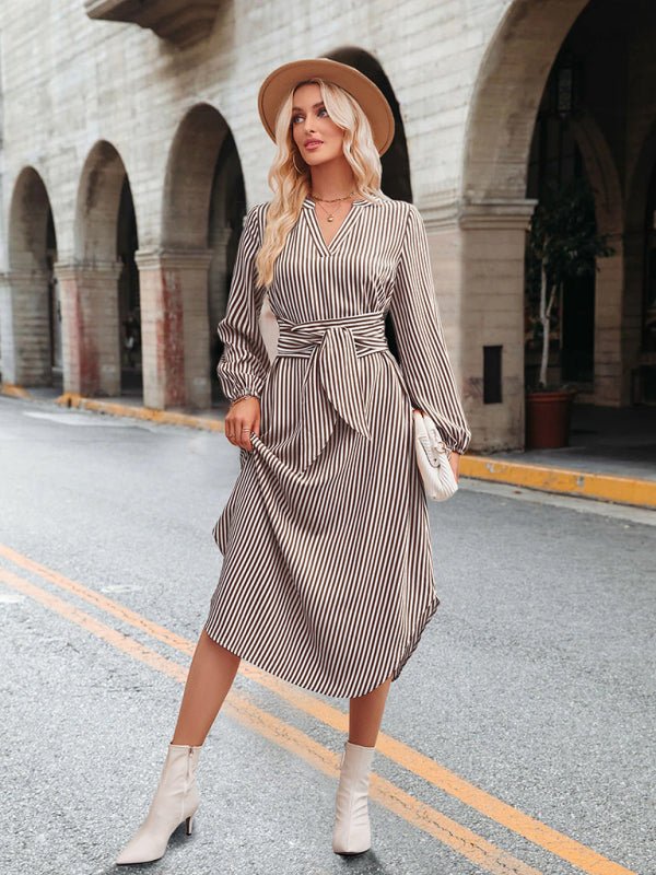 Casual V - neck striped tie waist shirt dress - Formal Dress