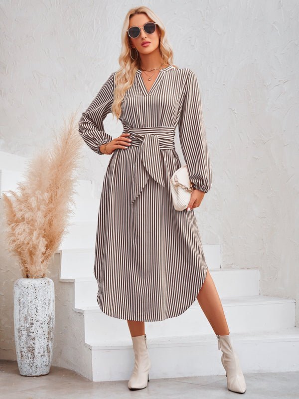 Casual V - neck striped tie waist shirt dress - Formal Dress