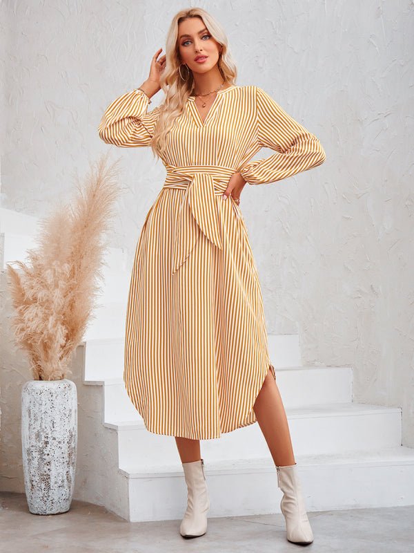Casual V - neck striped tie waist shirt dress - Formal Dress