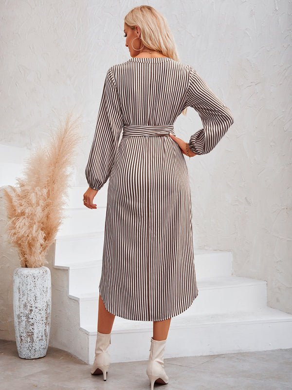 Casual V - neck striped tie waist shirt dress - Formal Dress
