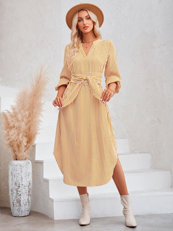 Casual V - neck striped tie waist shirt dress - Formal Dress