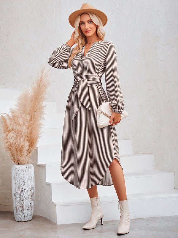 Casual V - neck striped tie waist shirt dress - Formal Dress