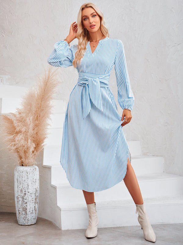 Casual V - neck striped tie waist shirt dress - Formal Dress
